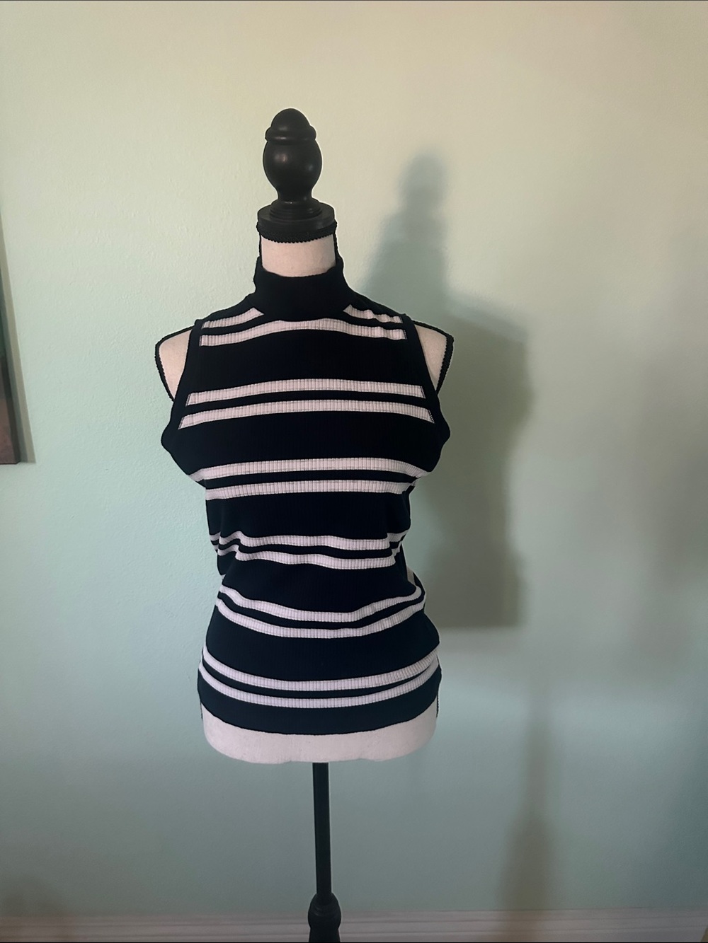 Banana Republic Black & White Striped Mock Neck Tank Top